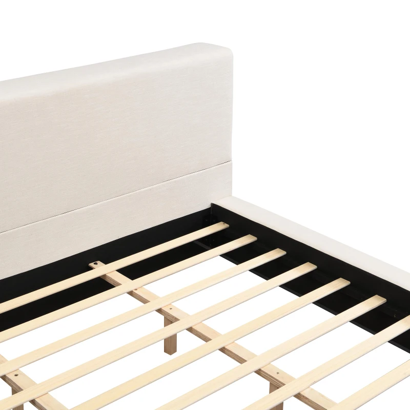 King Size Upholstered Platform Bed with Supportive Slats & Rubber Wood, Soft-Pack Bed with Embedded Frame, 94.5'' L x 88'' W x 37'' H, Beige