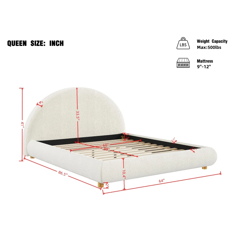 Queen Size Upholstered Platform Bed with Rounded Enclosed Headboard, Sturdy Bed Frame with Mattress Retainer, 86.5'' L x 64'' W x 41'' H, White