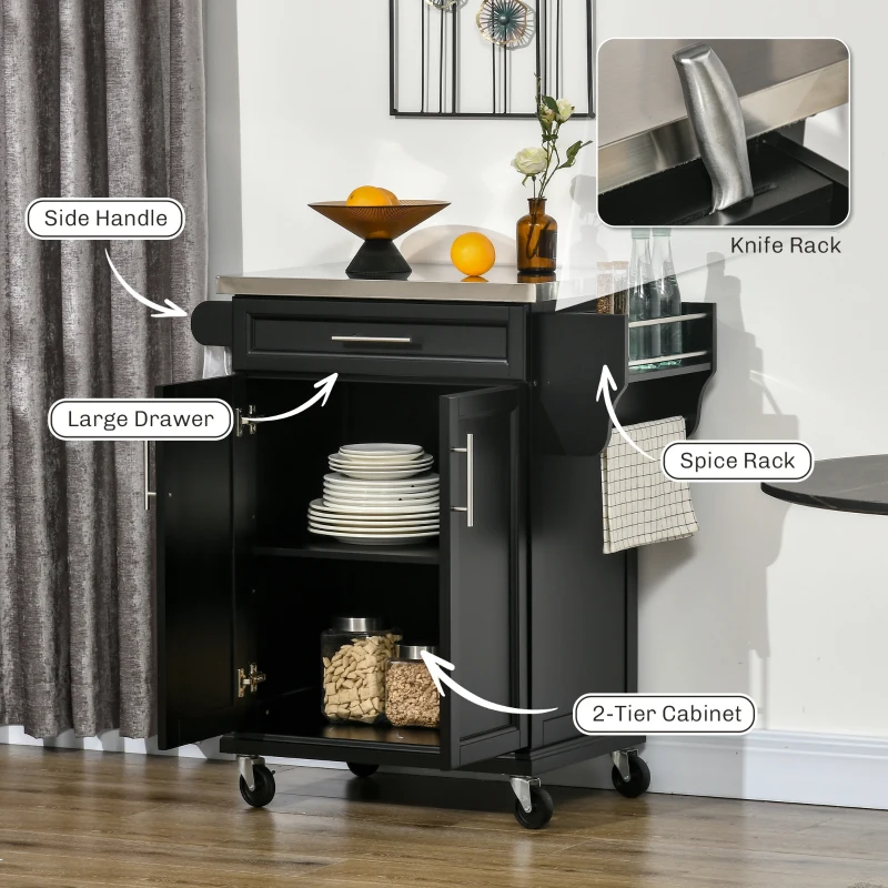 HOMCOM Kitchen Island on Wheels, Rolling Kitchen Cart with Stainless Steel Countertop, Drawer, Towel Rack and Spice Rack, Utility Storage Trolley, Black