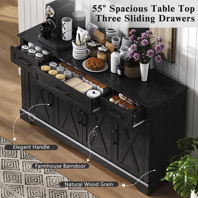 Large Buffet Sideboard with 3 Drawers and 4 Internal Door Shelves, Modern Coffee Bar for Kitchen, Living Room, 55'' L x 15.5'' W x 32'' H, Black