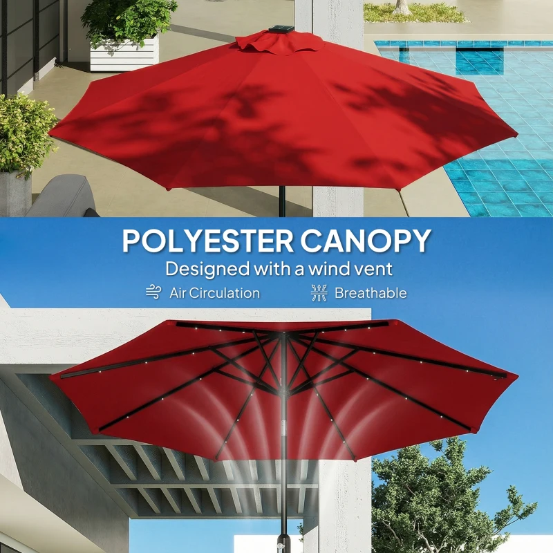 Outsunny 9ft Solar Patio Umbrella Outdoor Sunshade 24 LED Lights Tilt Canopy Wine Red
