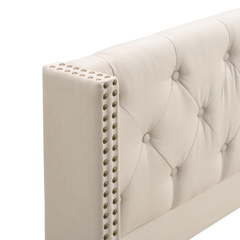 Queen Size Linen Upholstered Bed with Wingback Headboard, Modern Bed Frame with Metal Nailhead Trim, 64.5'' L x 83'' W x 42.5'' H, Beige