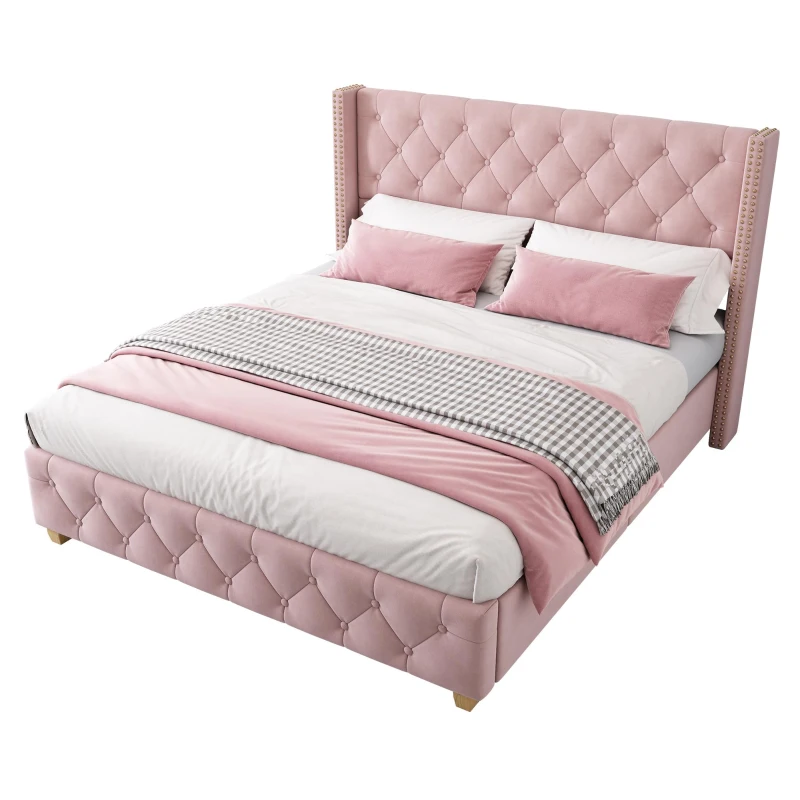 Full Size Velvet Upholstered Platform Bed with Diamond Button Tufting, Extra‑Wide Bedboard with Wooden Legs, 58.5'' L x 78'' W x 42.5'' H, Pink