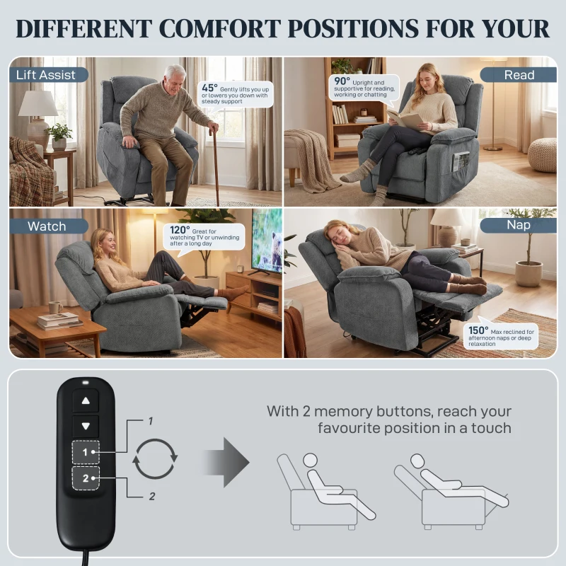 HOMCOM Power Recliner Chair with Massage, Electric Lift Chair for Elderly with Side Pockets, 2 Memory Positions, Remote, Grey