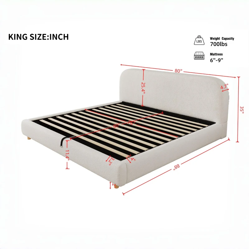 King Size Hydraulic Lift Storage Bed with Upholstered Curved Headboard, Hidden Under-Bed Storage for Bedroom, 86'' L x 80'' W x 35'' H, White