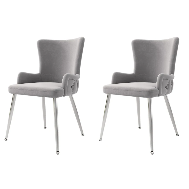 Set of 2 Velvet Dining Chairs with Electroplated Metal Legs, Ergonomic Chairs for Dining & Living Room, 21.5'' L x 20.5'' W x 33.5'' H, Gray+Silver