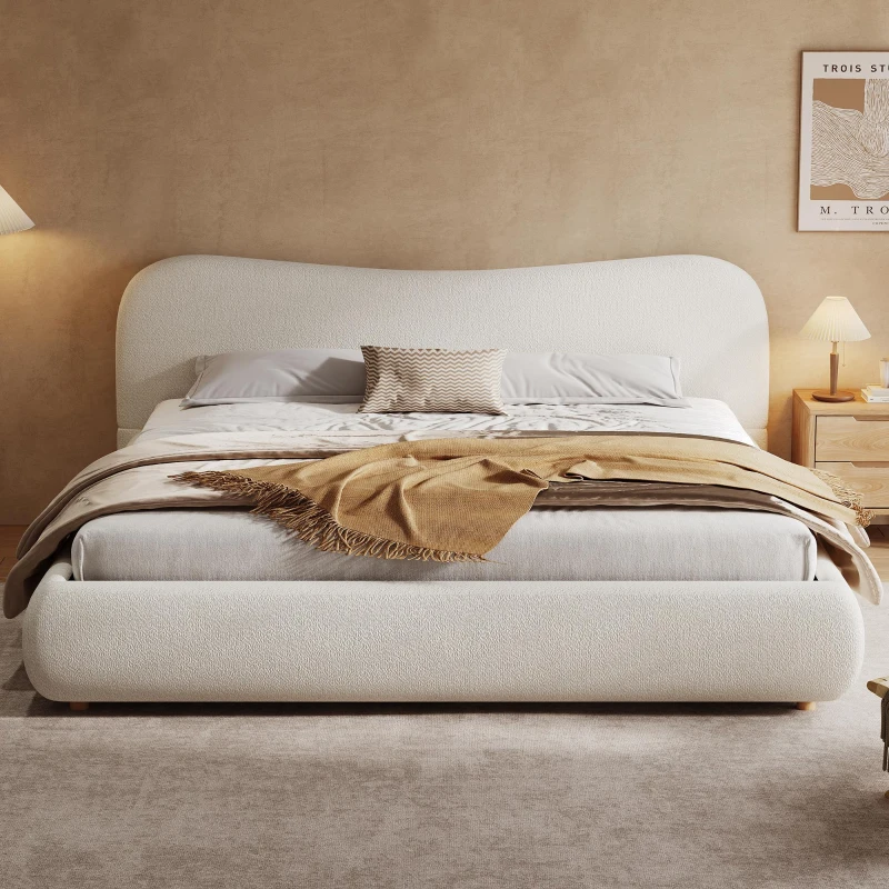 King Size Platform Bed with Smooth Curved Headboard, Plywood Frame, Upholstered Bed with Reinforced Slats, 86'' L x 80'' W x 34'' H, White