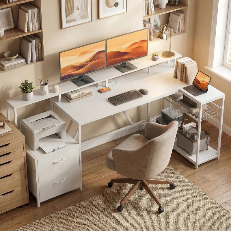 HOMCOM 76" Gaming Desk, Reversible Computer Table with RGB Lights, USB Ports, Monitor Stand and 2 Fabric Drawers, White