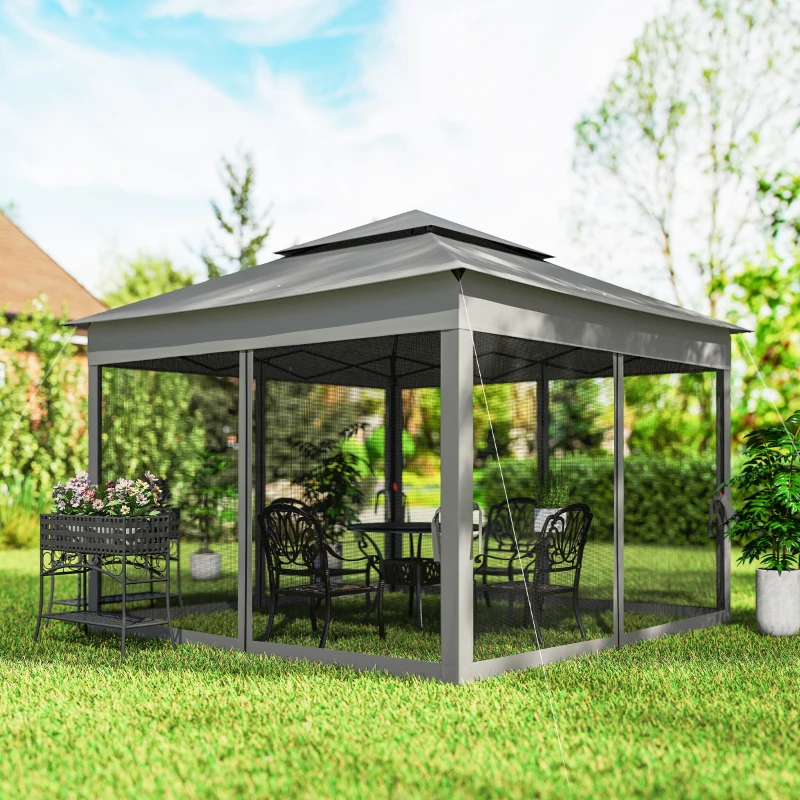 Outsunny 11' x 11' Pop Up Canopy 2-Tier Soft Top Shelter Event Tent w/ Netting Carry Bag for Patio Backyard Garden, Dark Grey