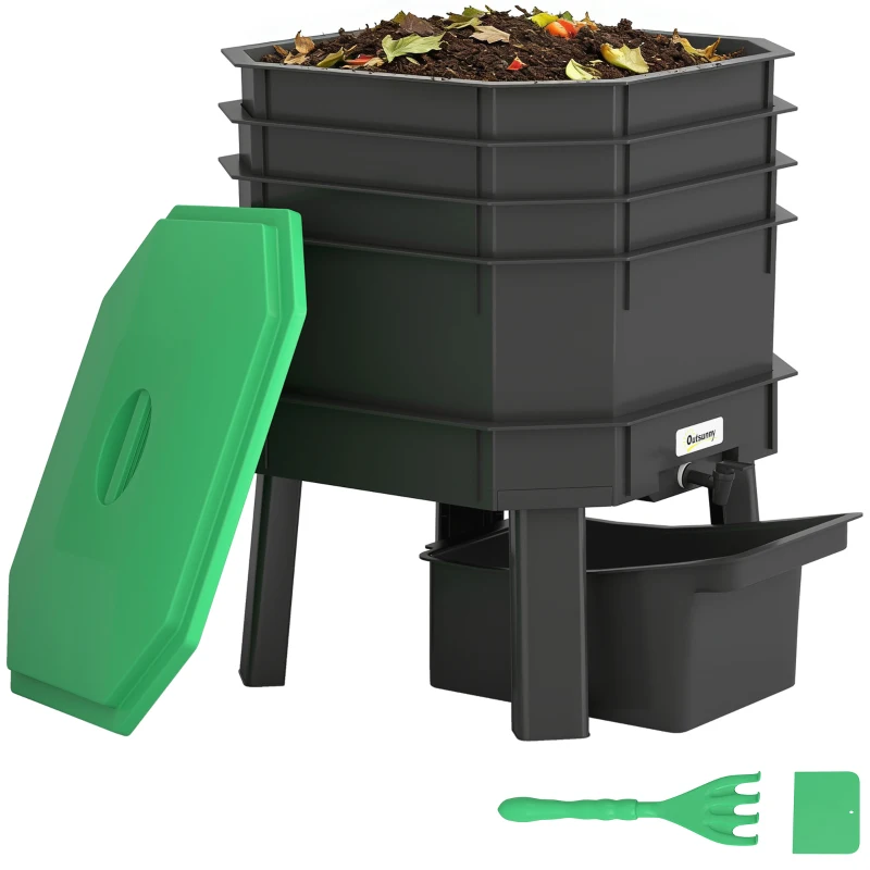 Outsunny 4-Tray Worm Composter Bin, 7.4 Gal Outdoor & Indoor Worm Composter for Recycling Food Waste, Dark Green