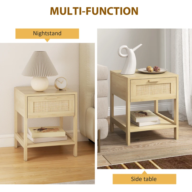 HOMCOM Narrow Nightstand with Rattan Elements, Bedside Table with Drawer and Storage Shelf for Bedroom, Set of 2, Natural Wood