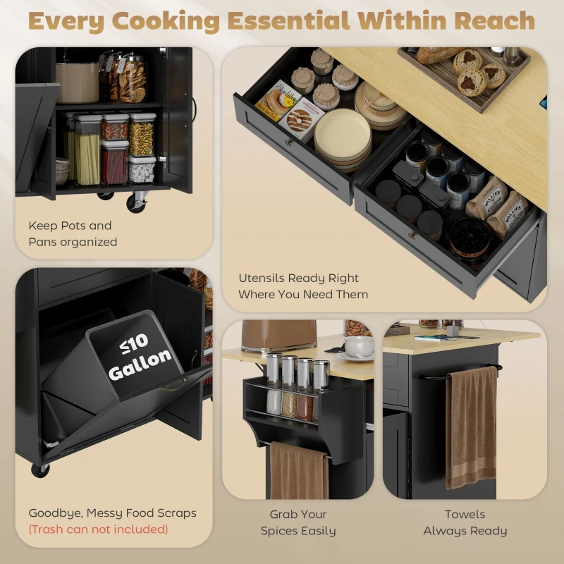 HOMCOM Kitchen Island Cart with Charging Station and Drop Leaf, Kitchen Island Table on Wheels with Trash Can Cabinet, Black