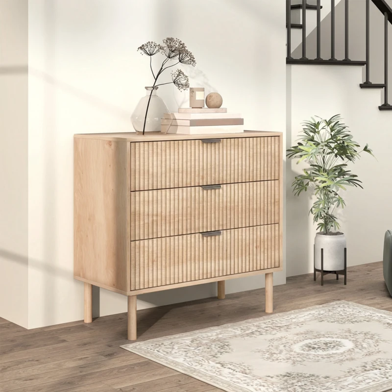 HOMCOM Bedroom Chest of Drawers, 3 Drawer Dresser with Fluted Panels and Solid Wood Legs, Storage Cabinet for Living Room, Oak