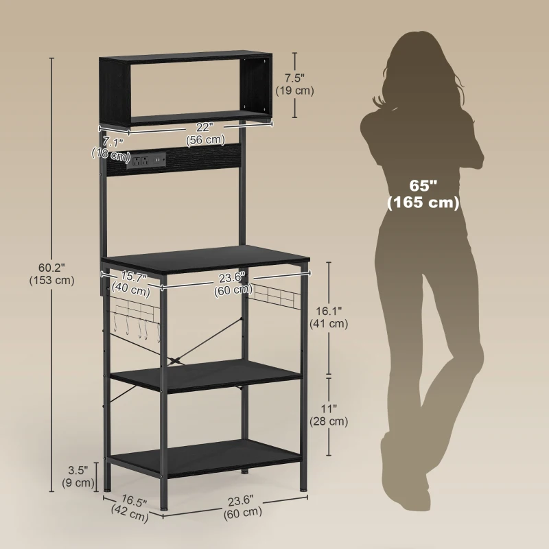 HOMCOM Baker's Rack with Charing Station, Microwave Shelf with Power Outlet, USB Charger and 5 Hooks, Black