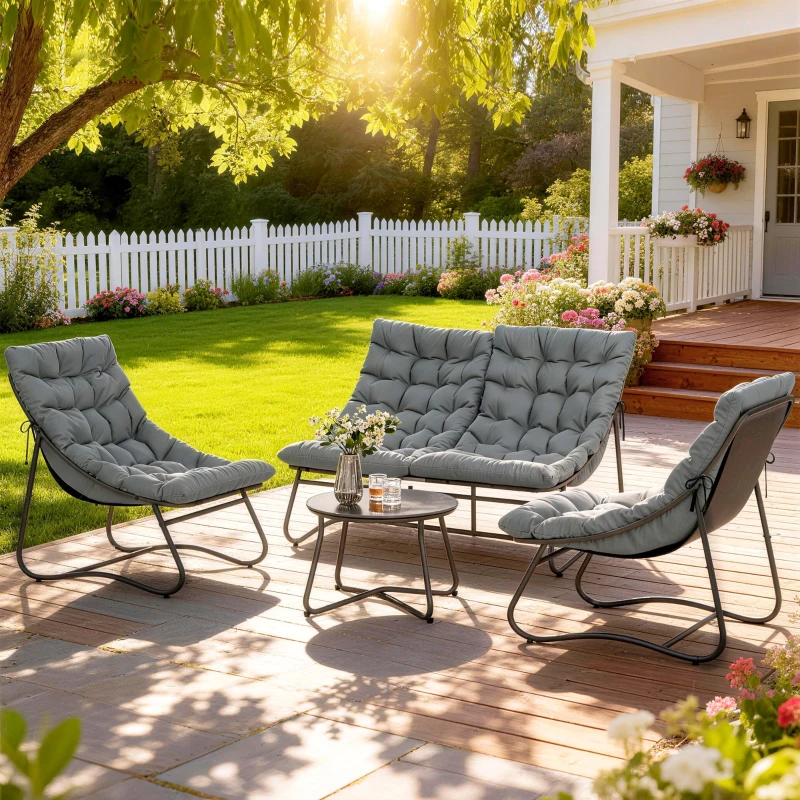 Outsunny 4 Piece Patio Furniture Set, Outdoor Furniture Conversation Set with Loveseat, Chairs Round Metal Table, Cushions, Grey