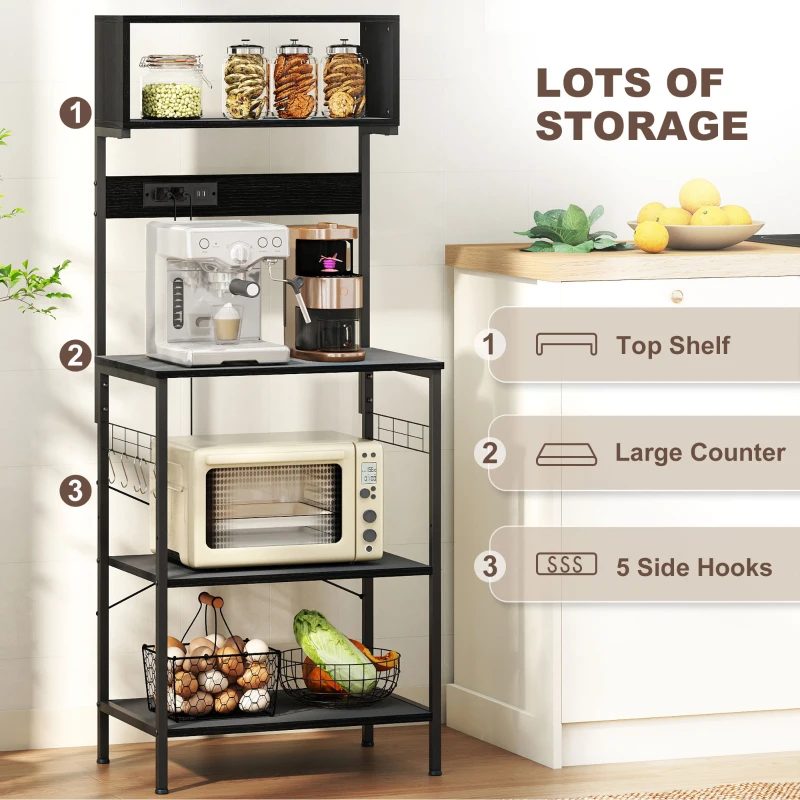 HOMCOM Baker's Rack with Charing Station, Microwave Shelf with Power Outlet, USB Charger and 5 Hooks, Black