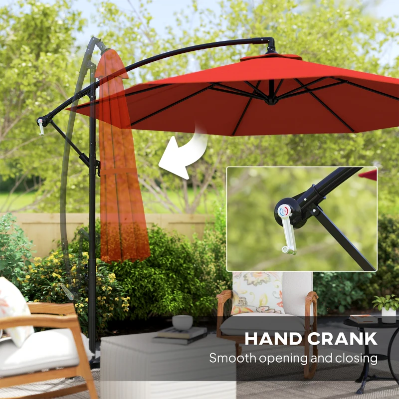 Outsunny 9.7ft Offset Patio UmbrellaCantilever Parasol with Crank Handle, 8 Ribs and Cross Base for Outdoor, Sun Shade, Wine Red