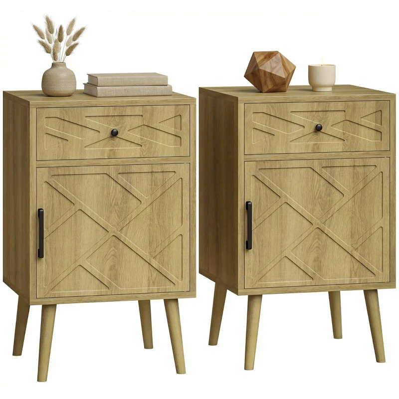 HOMCOM Nightstand Set of 2, Bedside Table Set with Drawer and Cabinet, Side End Table with Storage for Living Room, Oak