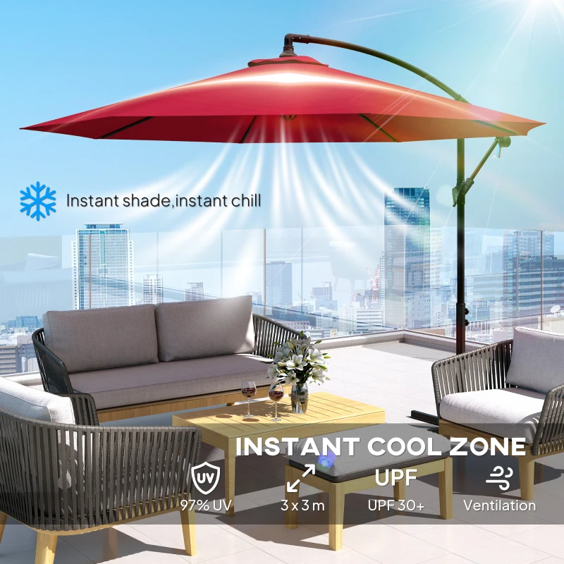 Outsunny 9.7ft Offset Patio UmbrellaCantilever Parasol with Crank Handle, 8 Ribs and Cross Base for Outdoor, Sun Shade, Wine Red
