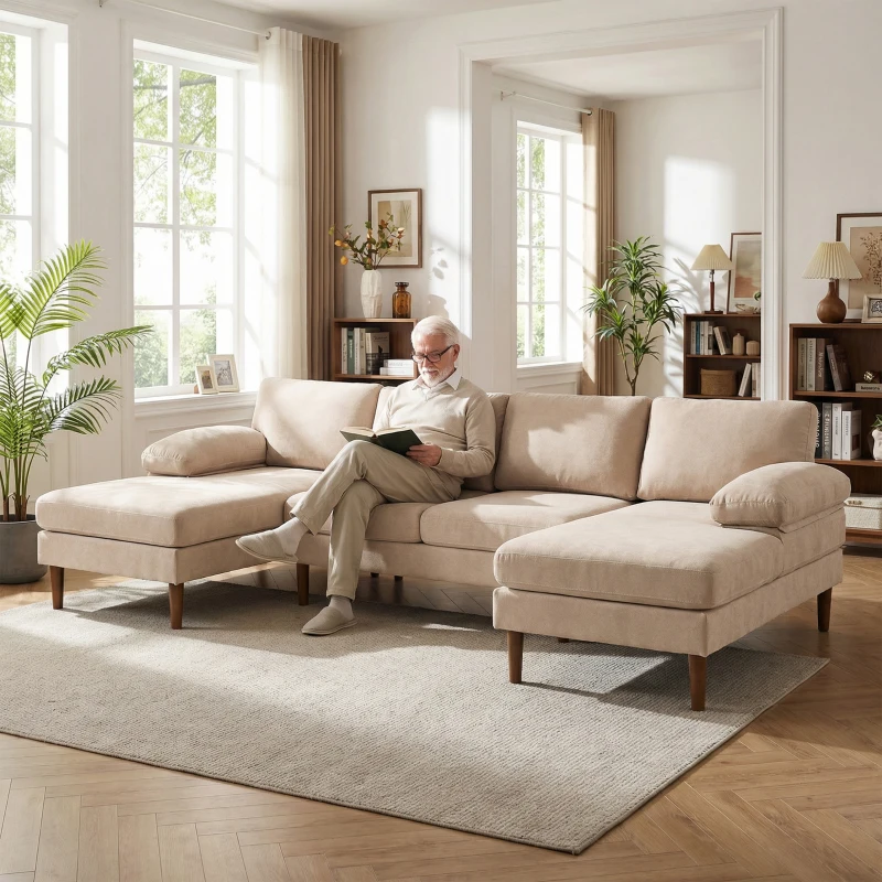 HOMCOM U Shape Couch with Double Chaise Lounge, Modern 4 Seater Sofa with Wooden Legs, Fabric Sofa for Living Room, Beige