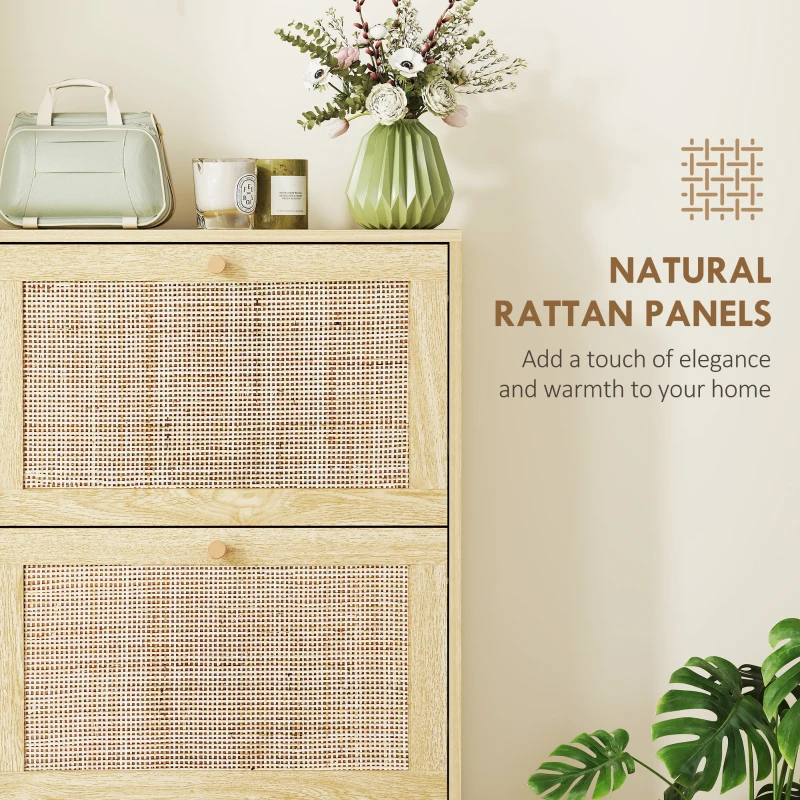 HOMCOM Rattan Shoe Storage Cabinet with 3 Flip Drawers and Adjustable Shelves, Entryway Shoe Cabinet for 18 Pairs, Oak