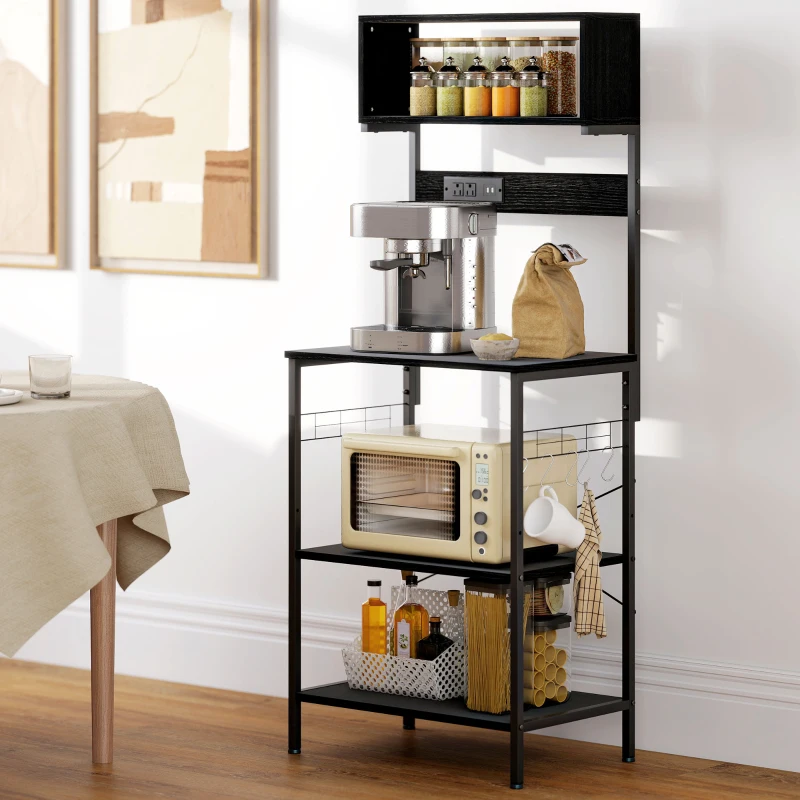HOMCOM Baker's Rack with Charing Station, Microwave Shelf with Power Outlet, USB Charger and 5 Hooks, Black