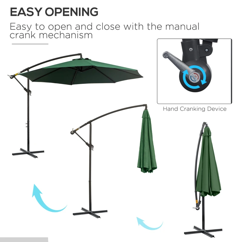 Outsunny 9.7ft Offset Patio UmbrellaCantilever Parasol with Crank Handle, 8 Ribs and Cross Base for Outdoor, Sun Shade, Green