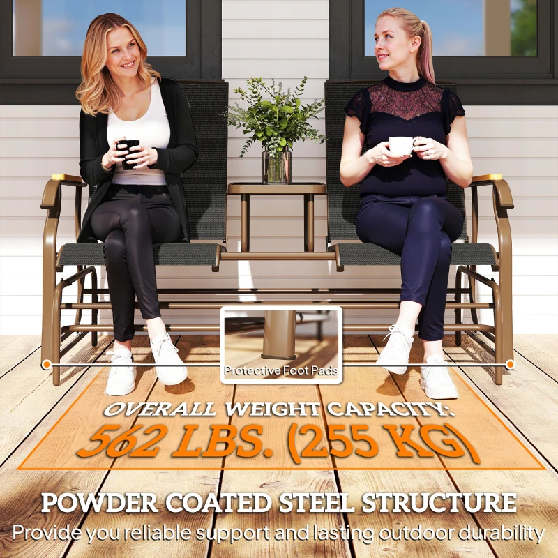 Outsunny Outdoor 2-Person Glider Bench, Outside Swing Glider Chair Loveseat with Breathable Mesh, Table, Steel Frame