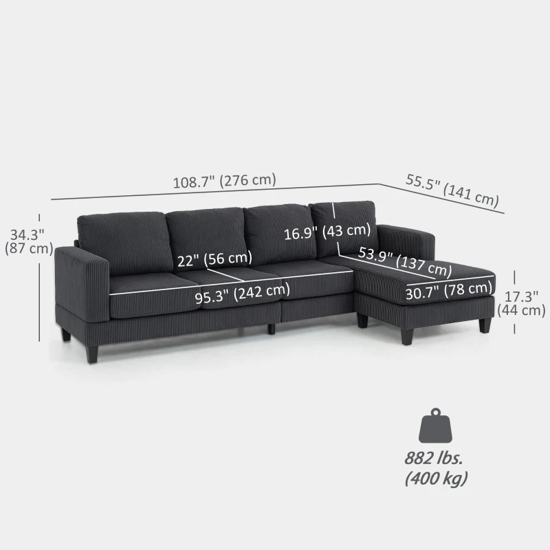 HOMCOM L Shaped Couch, L Shape Sofa with Chaise Lounge and Spring Cushion for Living Room, Bedroom, Charcoal Grey