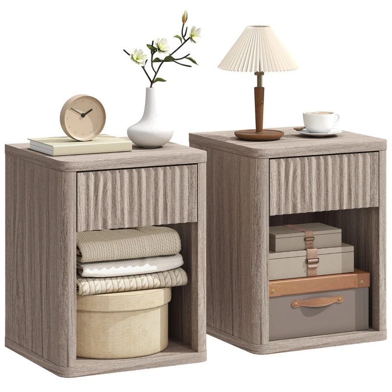 HOMCOM Nightstand with Drawer and Open Shelf, Modern Bedside Table Set of 2 for Bedroom Living Room, Grey