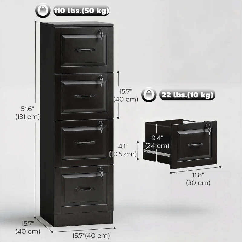 HOMCOM 4 Drawer File Cabinet with Lock, Vertical Filing Cabinet with Adjustable Hanging Bars for A4 and Letter Size, Black