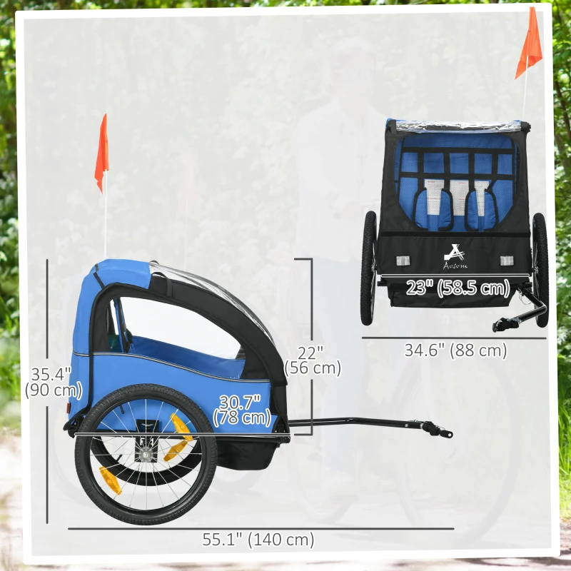 Aosom 2 Seat Bike Trailer for Kids, Baby Stroller with Storage Bag, 5 Point Harness, Bicycle Trailer with 20" Wheels, Blue