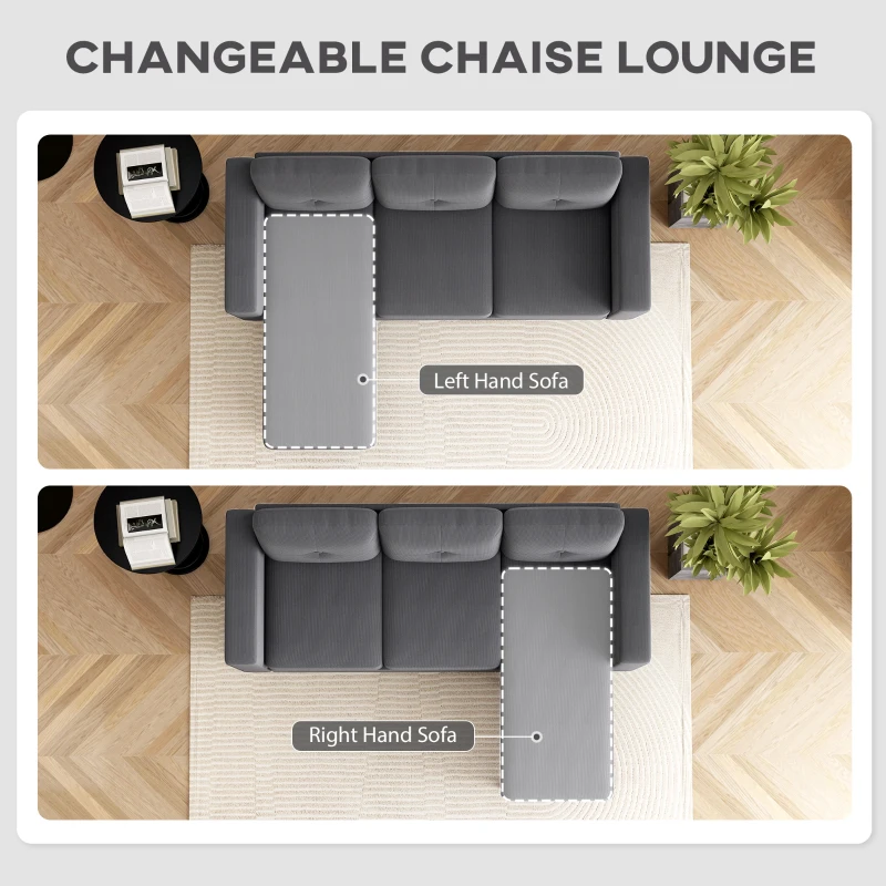 HOMCOM Sectional Sofa with Changeable Chaise Lounge, 3 Seat L-Shaped Small Space Sofa, Upholstered Couch for Small Space, Dark Grey