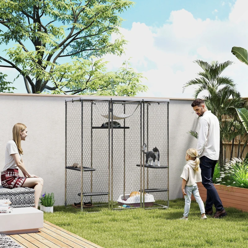 PawHut Catio Outdoor Cat Enclosure, Galvanized Steel Walk-in Cat Cage with Waterproof Cover, 5 Adjustable Platforms, Hammock
