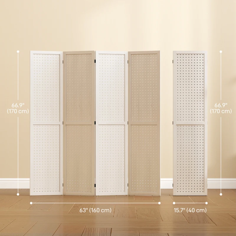 HOMCOM 5.6 Ft. Tall 4-Panel Room Divider, Pegboard Panel Folding Privacy Screen, Partition Wall Divider for Bedroom, White