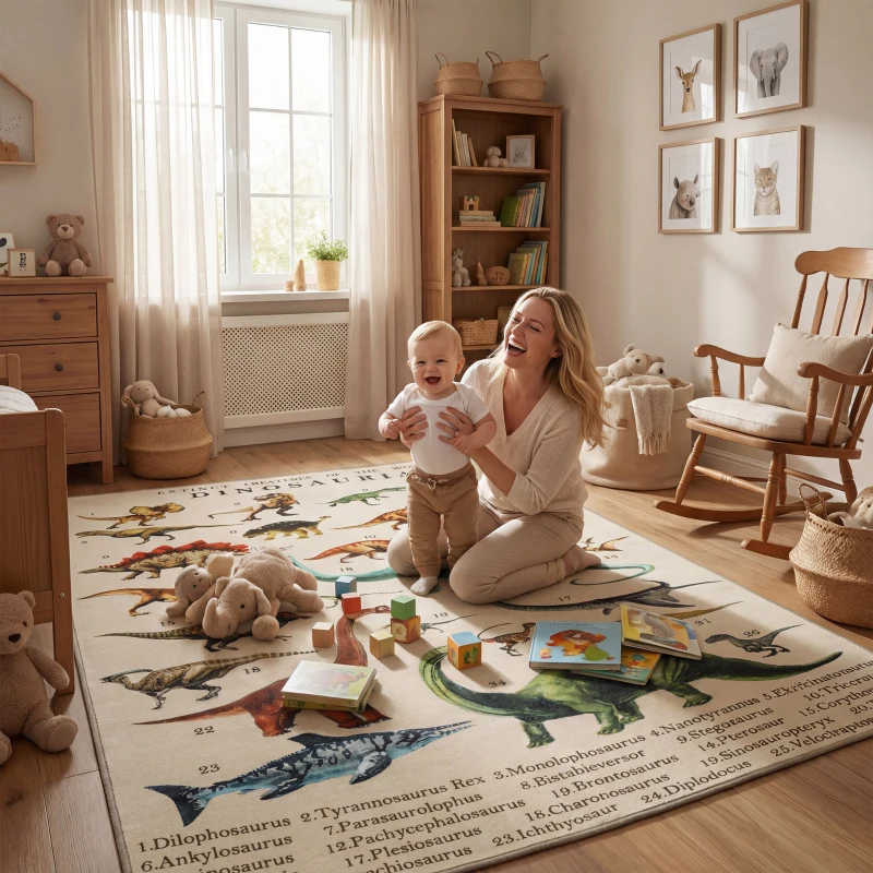 Qaba Large Play Mat 79" x 59", Crawling Mat for Toddlers, Living Room and Bedroom with Dinosaur Pattern, Khaki