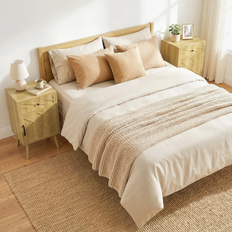 HOMCOM Nightstand Set of 2, Bedside Table Set with Drawer and Cabinet, Side End Table with Storage for Living Room, Oak