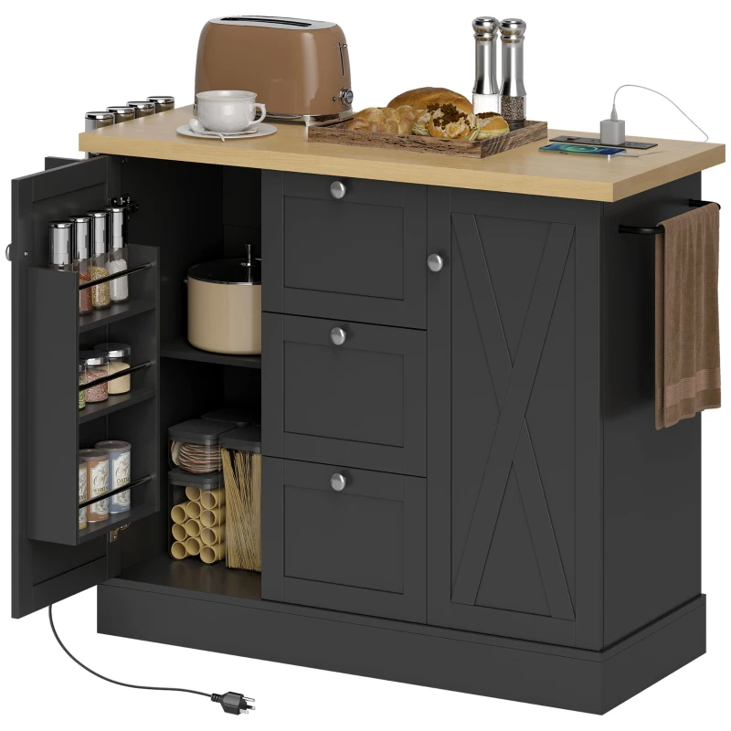 HOMCOM Farmhouse Kitchen Island Cart with Power Outlet and Soft-Close Doors, 49" Kitchen Island with 3 Drawers, Black