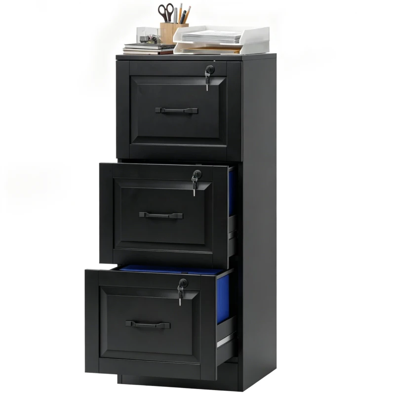 HOMCOM 3 Drawer File Cabinet with Lock, Vertical Filing Cabinet with Adjustable Hanging Bars for A4 and Letter Size, Black