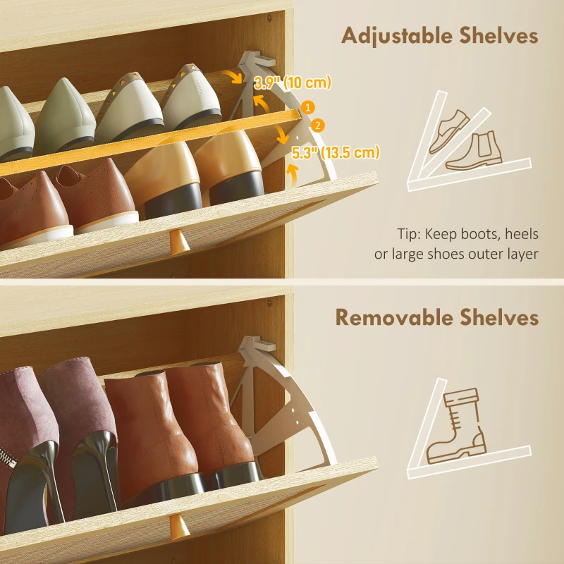 HOMCOM Rattan Shoe Storage Cabinet with 3 Flip Drawers and Adjustable Shelves, Entryway Shoe Cabinet for 18 Pairs, Oak