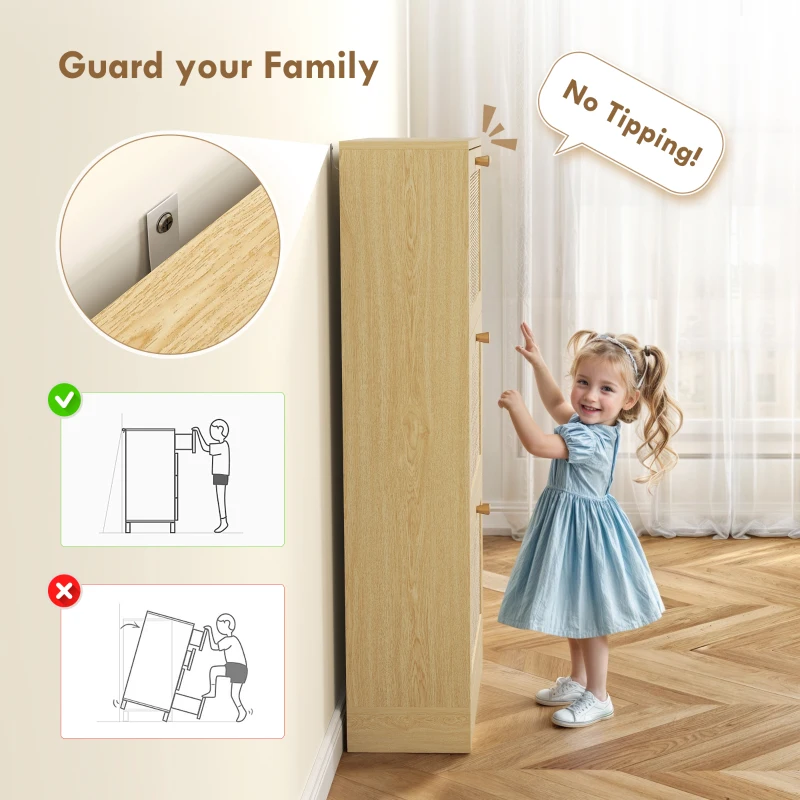 HOMCOM Rattan Shoe Storage Cabinet with 3 Flip Drawers and Adjustable Shelves, Entryway Shoe Cabinet for 18 Pairs, Oak