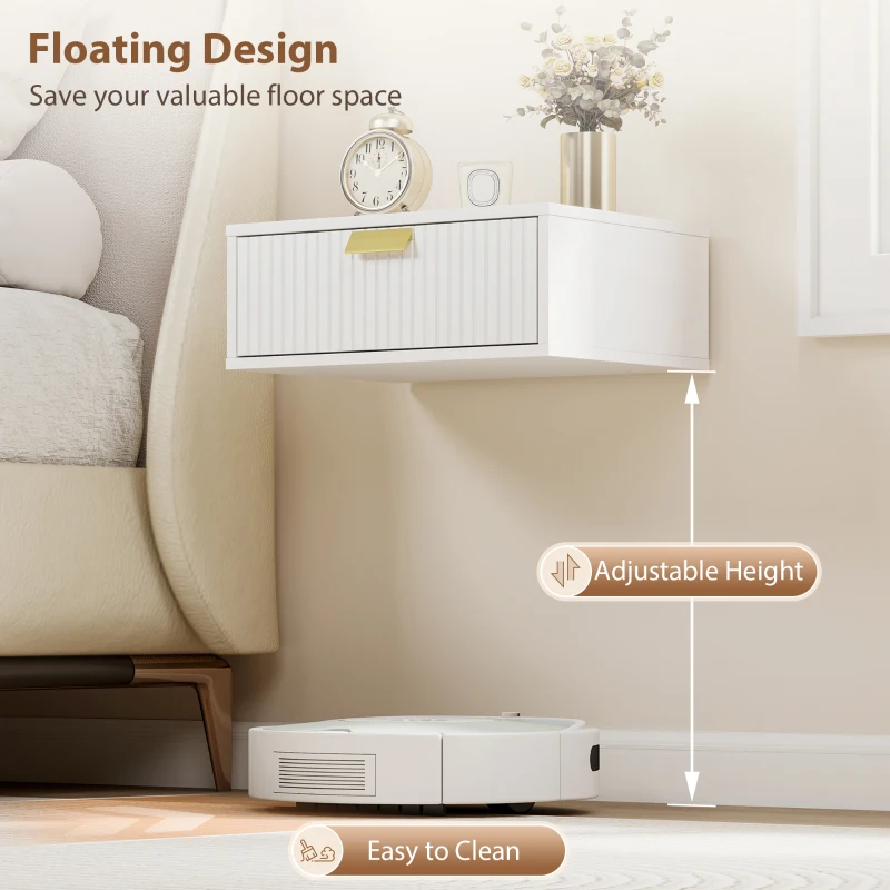 HOMCOM Modern Floating Nightstands Set of 2, Wall Mounted Bedside Tables with Wave Drawer White