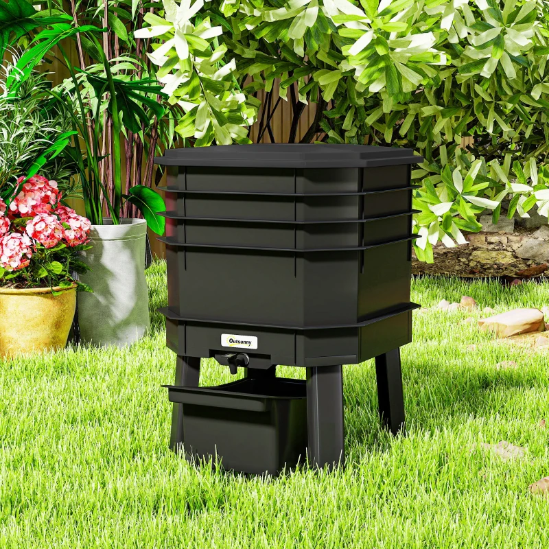 Outsunny 4-Tray Worm Composter Bin, 7.4 Gal Outdoor & Indoor Worm Composter for Recycling Food Waste, Black