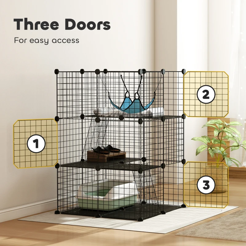 PawHut 3 Tier Cat Cage Crate, DIY Pet Playpen with 3 Doors, Ladders, Hammock, Platforms, Indoor Playpen for Kittens, Black