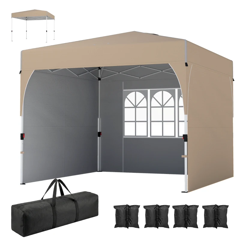 Outsunny 9.6 x 9.6 ft Pop Up Canopy Tent with 3 Sidewalls, UPF 50+ 1-Button Push Easy Setup Outdoor Instant Canopy, Khaki