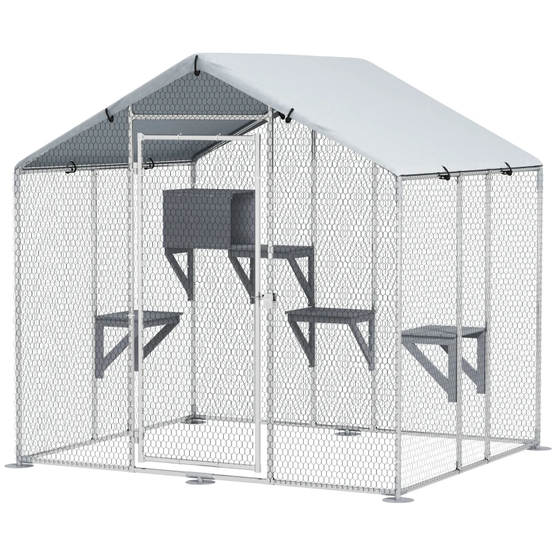 PawHut 79" Extra Large Metal Outdoor Catio with Waterproof Cover, Resting Box, 4 Platforms, for Multiple Rabbits, Chicken
