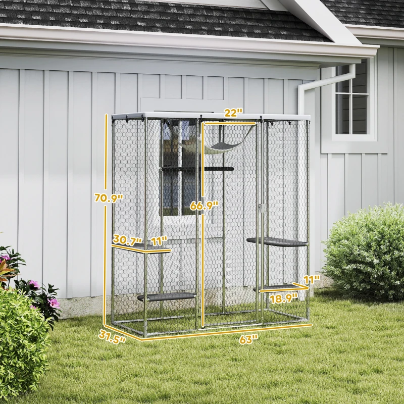 PawHut Catio Outdoor Cat Enclosure, Galvanized Steel Walk-in Cat Cage with Waterproof Cover, 5 Adjustable Platforms, Hammock