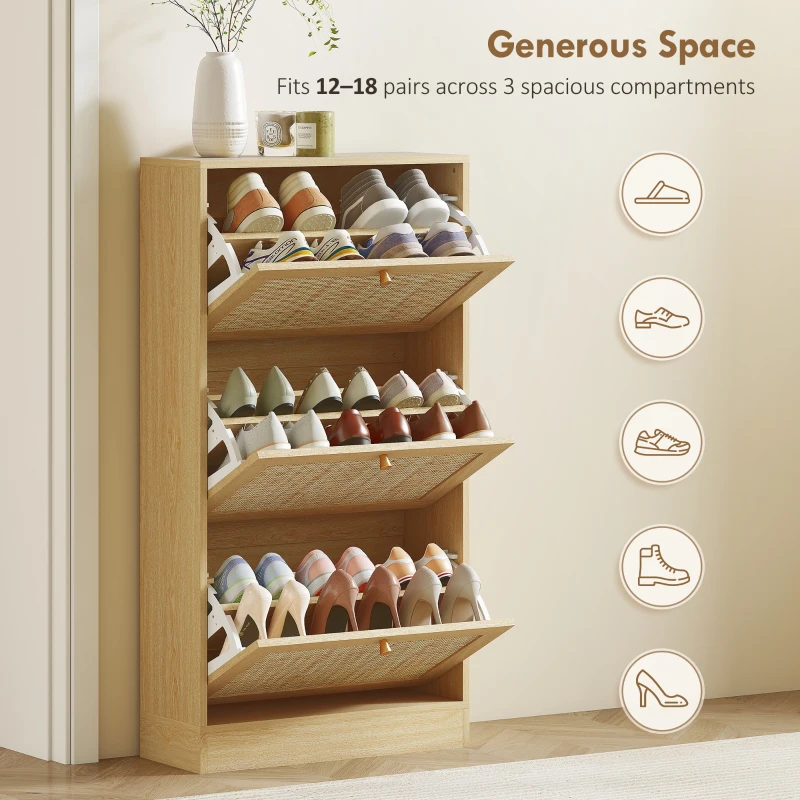 HOMCOM Rattan Shoe Storage Cabinet with 3 Flip Drawers and Adjustable Shelves, Entryway Shoe Cabinet for 18 Pairs, Oak