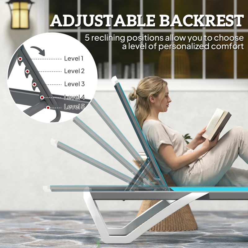 Outsunny Outdoor Chaise Lounge Chair, Patio Aluminum Tanning Chair with 5-Level Adjustable Back, Portable Wheels, Turquoise
