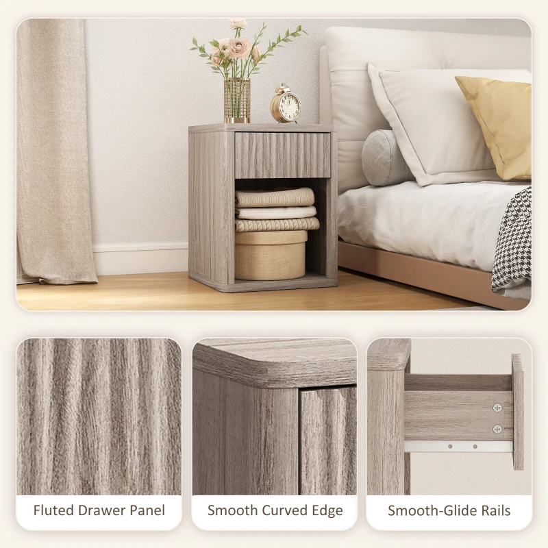 HOMCOM Nightstand with Drawer and Open Shelf, Modern Bedside Table Set of 2 for Bedroom Living Room, Grey